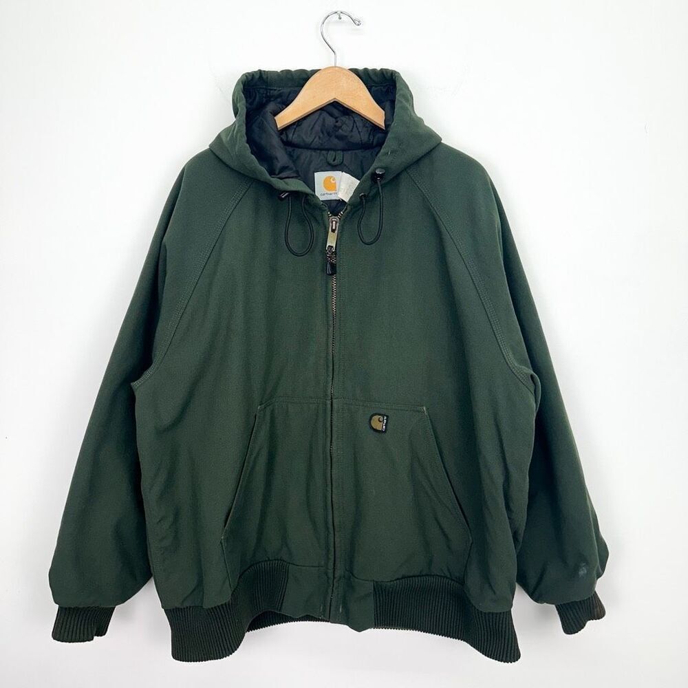Carhartt Vintage J68 OLV Green Canvas Full Zip Quilted Lined Hooded Work Jacket